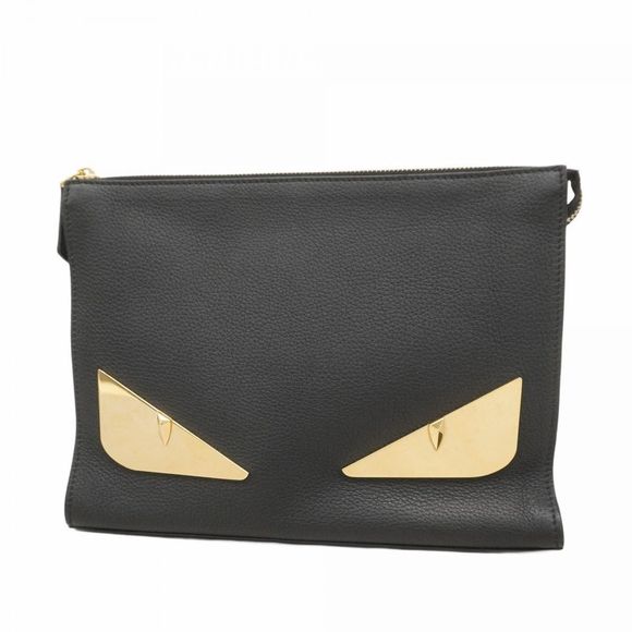 Fendi Monster Clutch Bag Black Leather Gold Hardware Pre-owned Men's - Picture 1 of 10